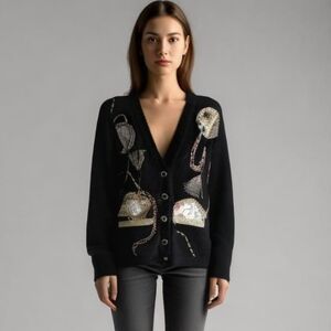 VINTAGE Black Clock Ugly Christmas Lambswool & Angora Knit Cardigan Size Medium